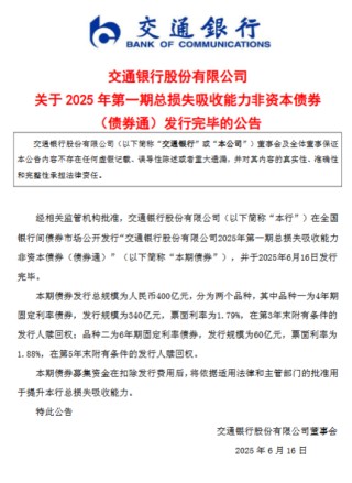 交通银行：2025年第一期总损失吸收能力非资本债券（债券通）发行完毕